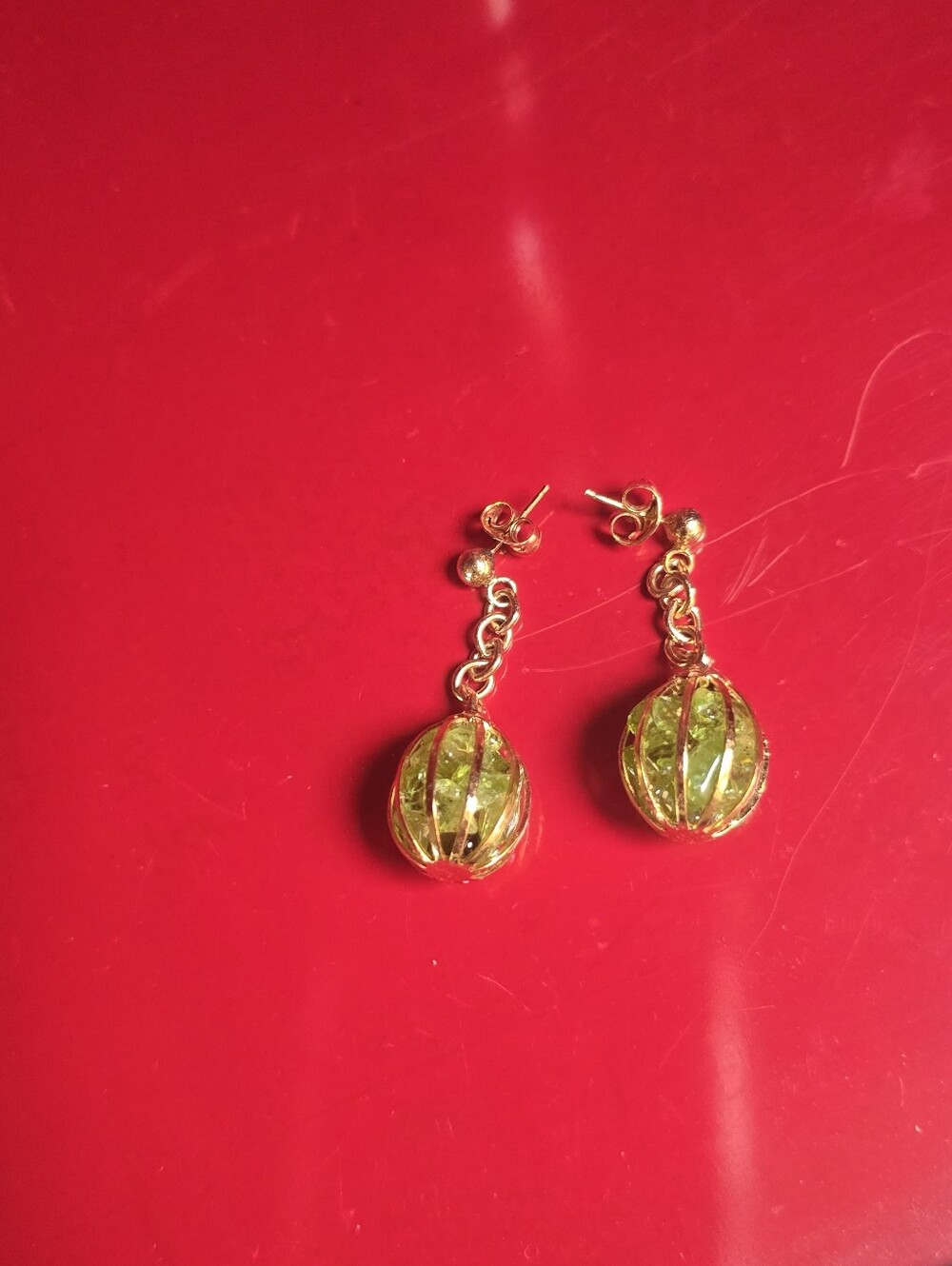 Gold Drop Earrings with Green Crystal Globe